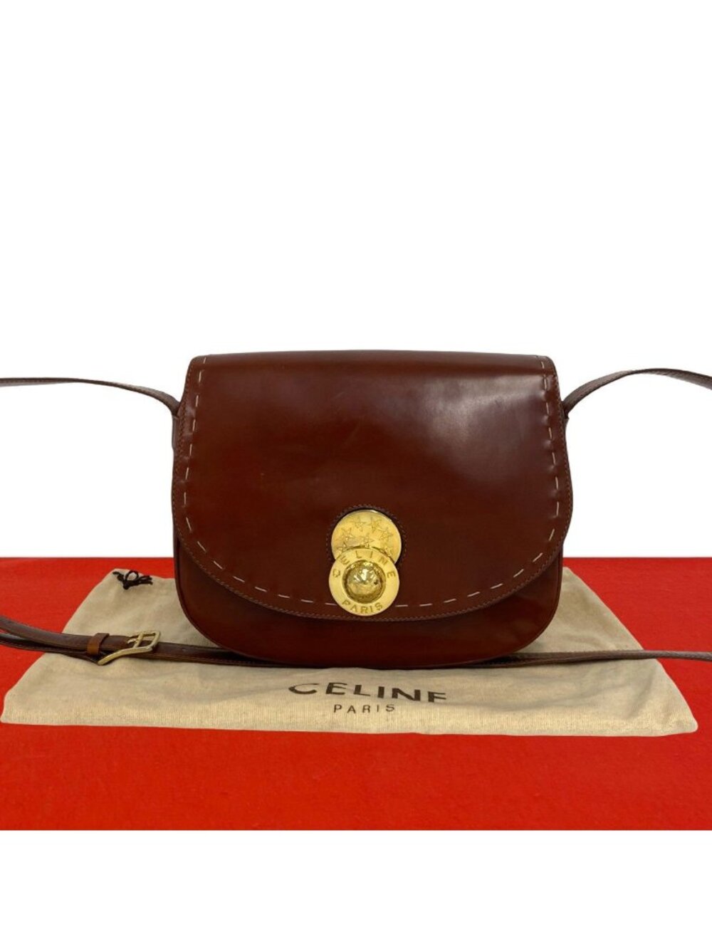 Celine Star Ball Circle Logo Leather Shoulder Bag Pochette Wine Red